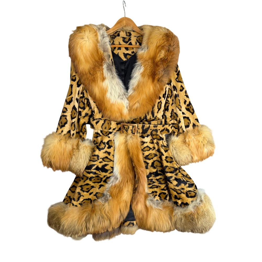 Vintage 60s Leopard Print Faux Fur Coat Womens M Brown Swing Mob Wife Glam